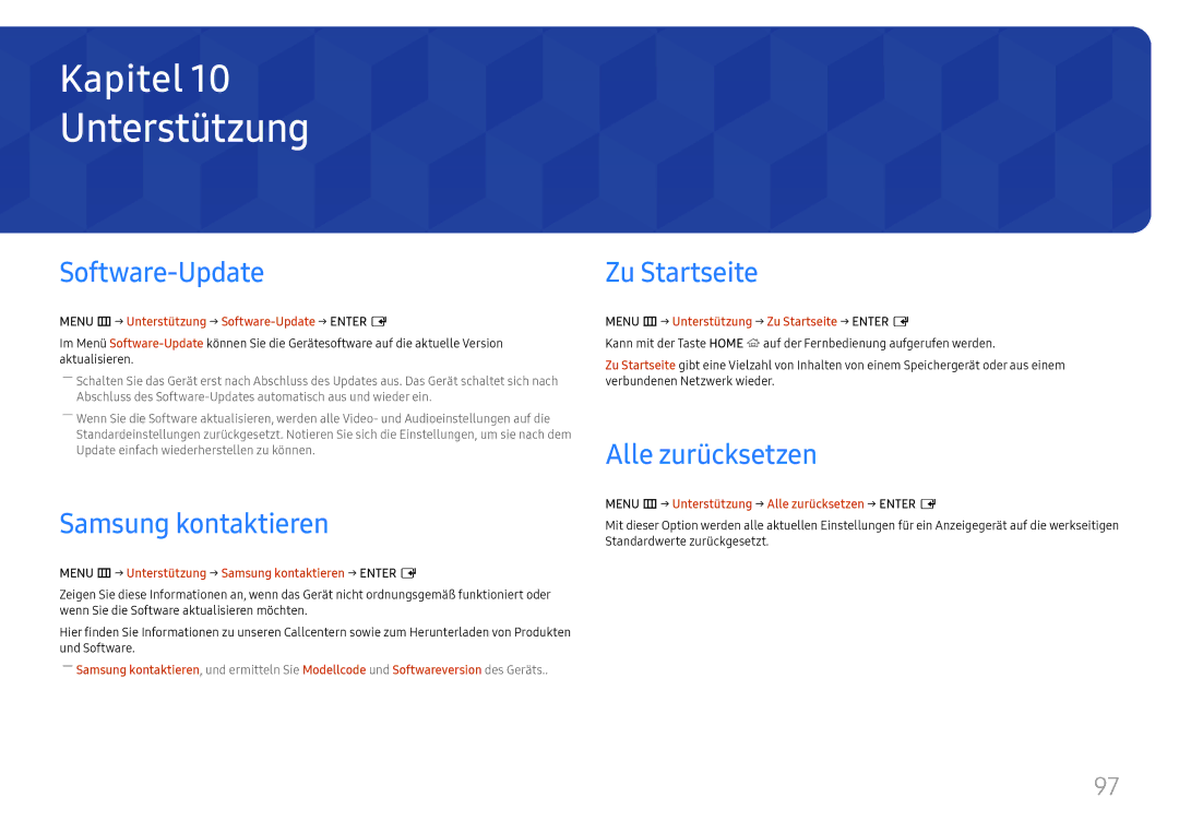 Samsung LH98QMFPBGC/EN manual Unterstützung, Software-Update, Samsung kontaktieren, Zu Startseite, Alle zurücksetzen 