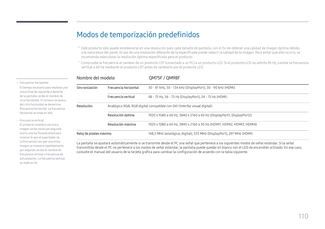 Samsung LH75QMFPLGC/EN, LH98QMFPLGC/EN manual Modos de temporización predefinidos, 110, Nombre del modelo QM75F / QM98F 