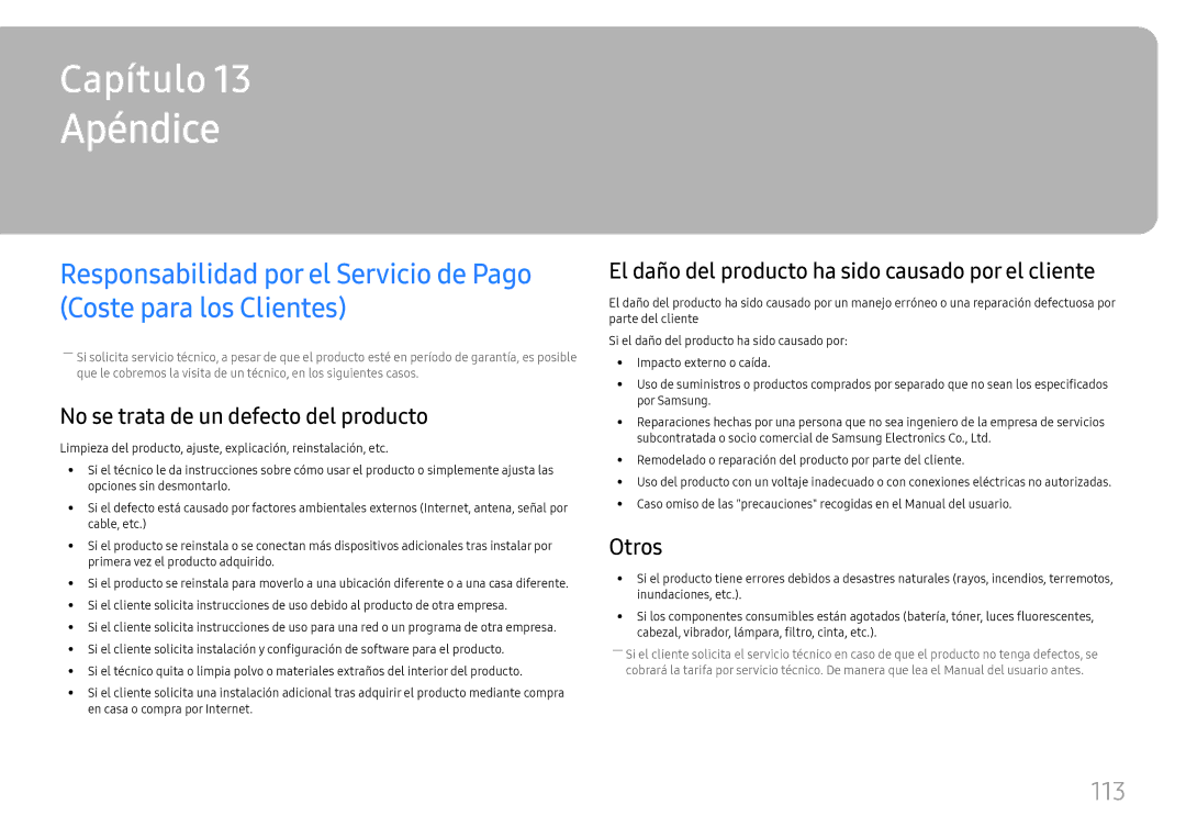 Samsung LH75QMFPLGC/EN, LH98QMFPLGC/EN, LH98QMFPBGC/EN manual Apéndice, 113, No se trata de un defecto del producto, Otros 