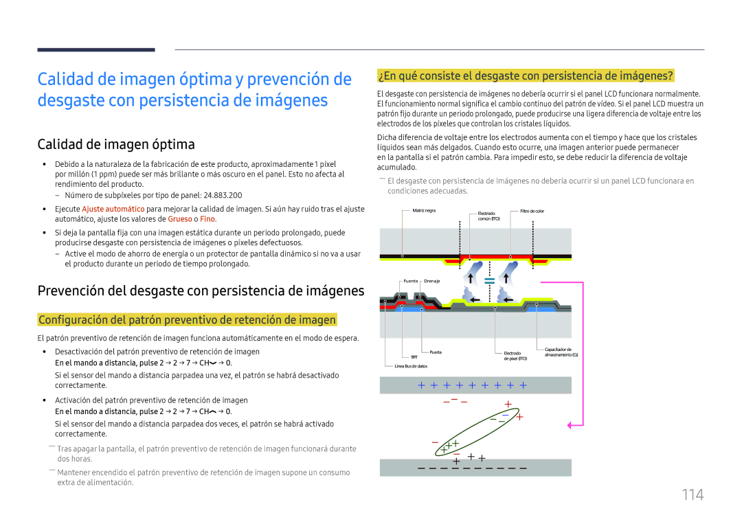 Samsung LH98QMFPLGC/EN manual 114, Calidad de imagen óptima, Configuración del patrón preventivo de retención de imagen 