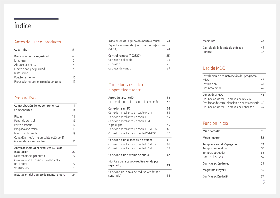 Samsung LH75QMFPLGC/EN, LH98QMFPLGC/EN, LH98QMFPBGC/EN manual Índice 