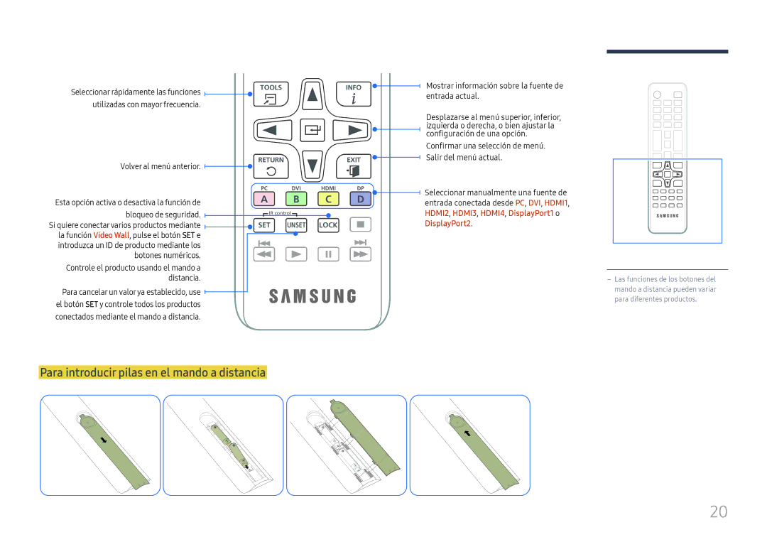 Samsung LH75QMFPLGC/EN, LH98QMFPLGC/EN manual Para introducir pilas en el mando a distancia, Utilizadas con mayor frecuencia 