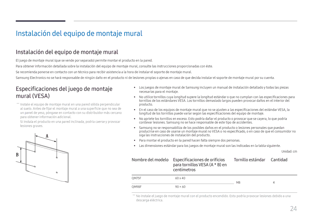Samsung LH98QMFPLGC/EN manual Instalación del equipo de montaje mural, Especificaciones del juego de montaje mural Vesa 
