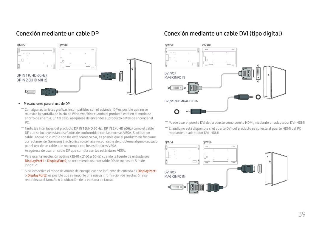 Samsung LH98QMFPLGC/EN, LH98QMFPBGC/EN manual Conexión mediante un cable DP, Conexión mediante un cable DVI tipo digital 