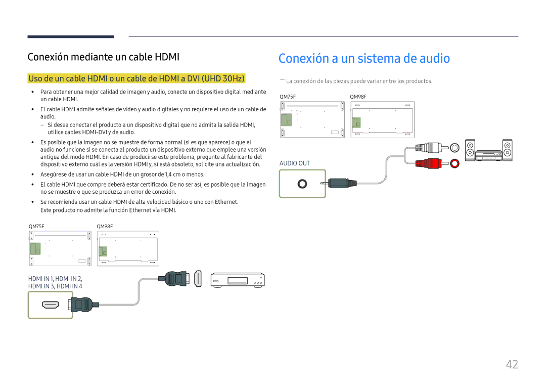 Samsung LH98QMFPLGC/EN manual Conexión a un sistema de audio, Uso de un cable Hdmi o un cable de Hdmi a DVI UHD 30Hz 