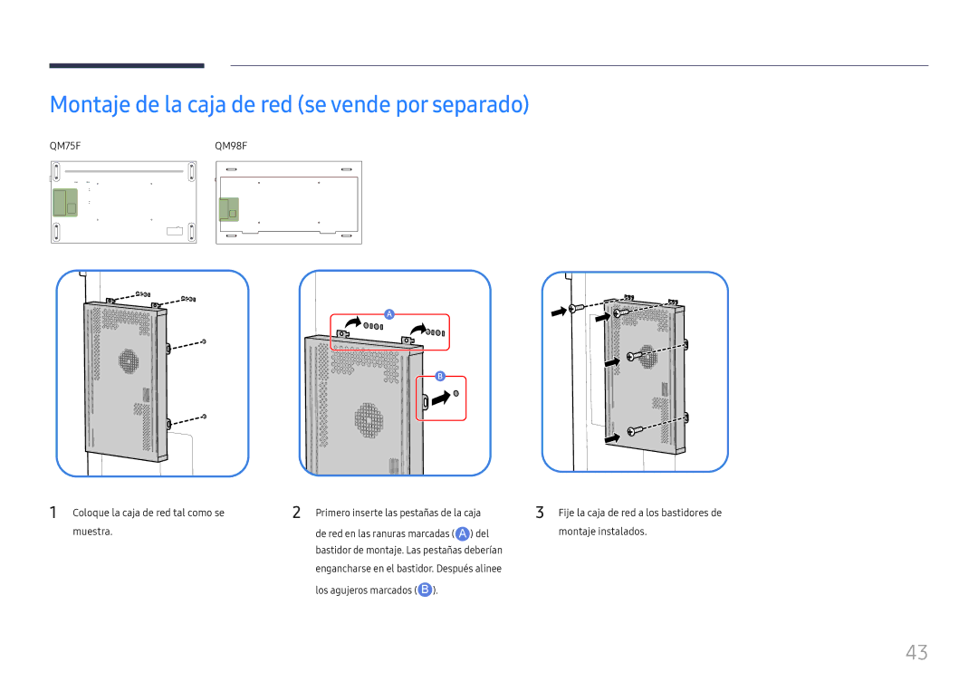 Samsung LH98QMFPBGC/EN, LH98QMFPLGC/EN, LH75QMFPLGC/EN manual Montaje de la caja de red se vende por separado, QM75F 