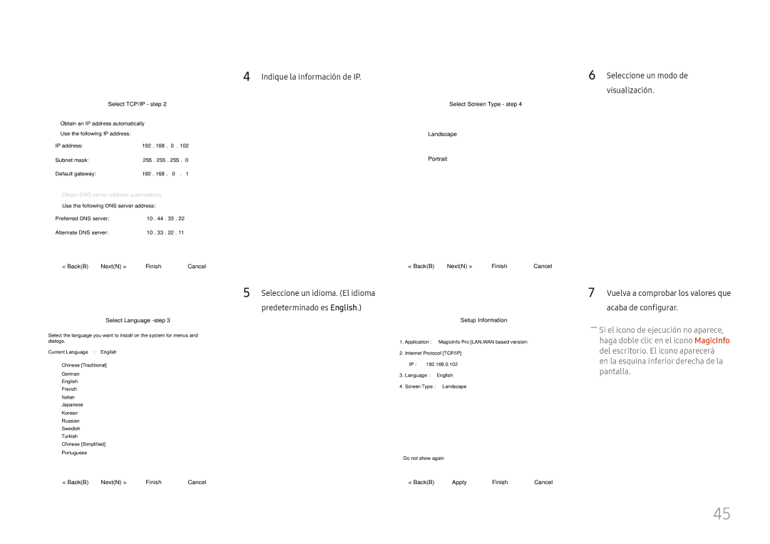 Samsung LH98QMFPLGC/EN, LH98QMFPBGC/EN, LH75QMFPLGC/EN manual Indique la información de IP, Select TCP/IP step 