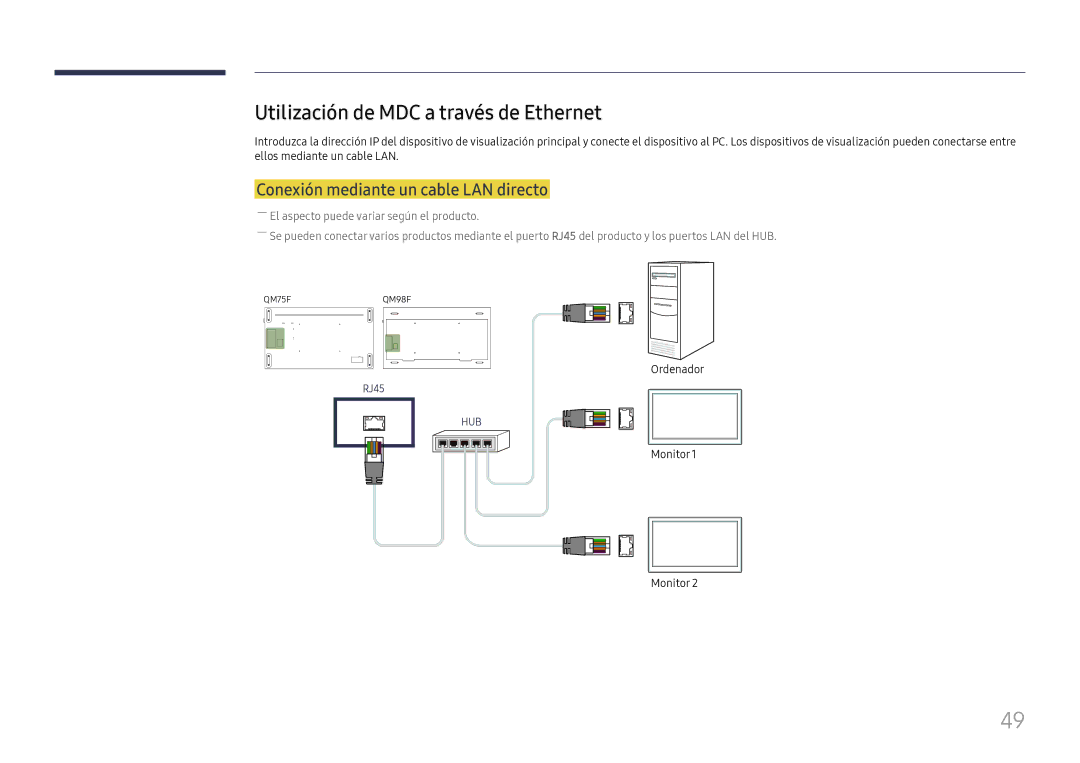 Samsung LH98QMFPBGC/EN, LH98QMFPLGC/EN Utilización de MDC a través de Ethernet, Conexión mediante un cable LAN directo 