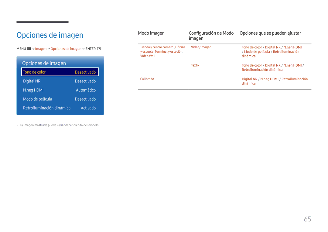 Samsung LH75QMFPLGC/EN, LH98QMFPLGC/EN, LH98QMFPBGC/EN manual Opciones de imagen, Modo imagen, Opciones que se pueden ajustar 