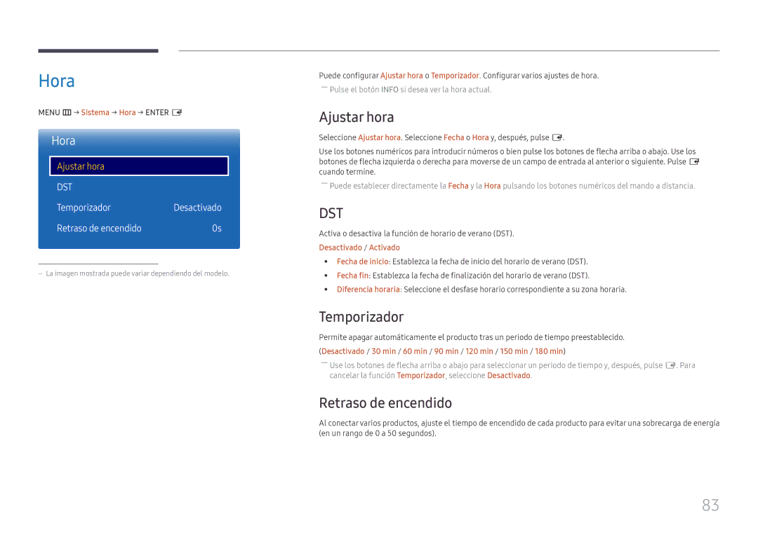 Samsung LH75QMFPLGC/EN, LH98QMFPLGC/EN, LH98QMFPBGC/EN Hora, Ajustar hora, TemporizadorDesactivado Retraso de encendido 