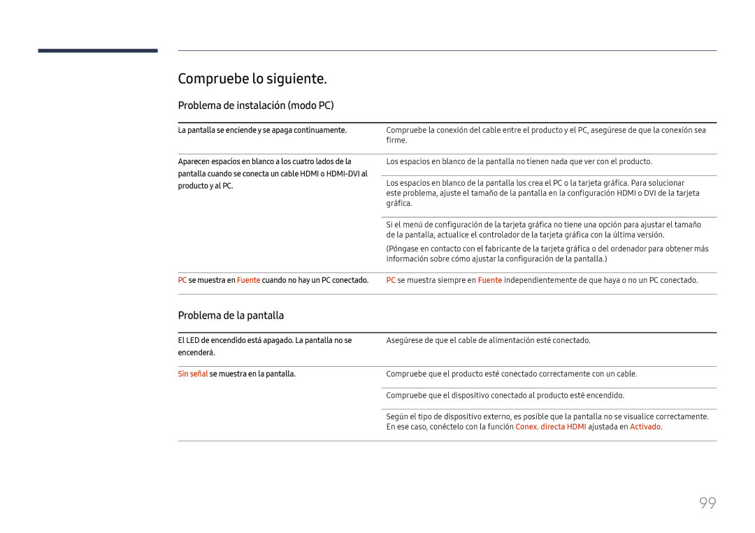 Samsung LH98QMFPLGC/EN, LH98QMFPBGC/EN Compruebe lo siguiente, Problema de instalación modo PC, Problema de la pantalla 