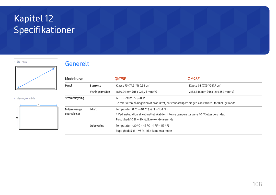 Samsung LH98QMFPLGC/EN, LH98QMFPBGC/EN, LH75QMFPLGC/EN manual Specifikationer, Generelt, 108 