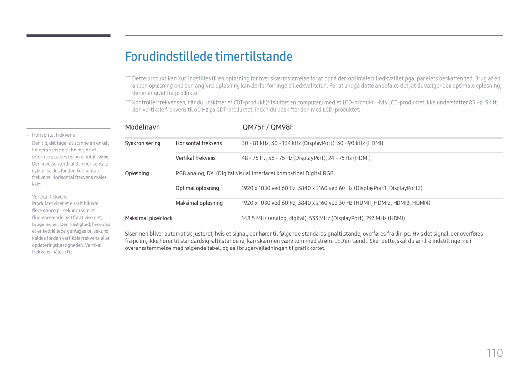 Samsung LH75QMFPLGC/EN, LH98QMFPLGC/EN, LH98QMFPBGC/EN manual Forudindstillede timertilstande, 110, Modelnavn QM75F / QM98F 