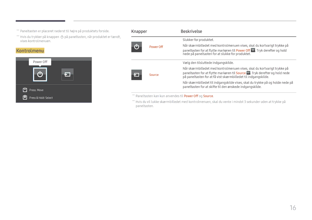 Samsung LH98QMFPBGC/EN, LH98QMFPLGC/EN, LH75QMFPLGC/EN manual Kontrolmenu, Beskrivelse, Power Off 