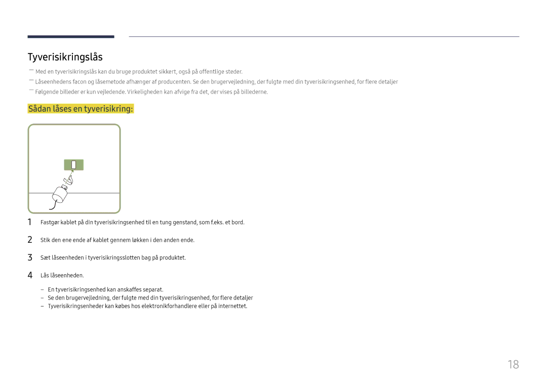 Samsung LH98QMFPLGC/EN, LH98QMFPBGC/EN, LH75QMFPLGC/EN manual Tyverisikringslås, Sådan låses en tyverisikring 