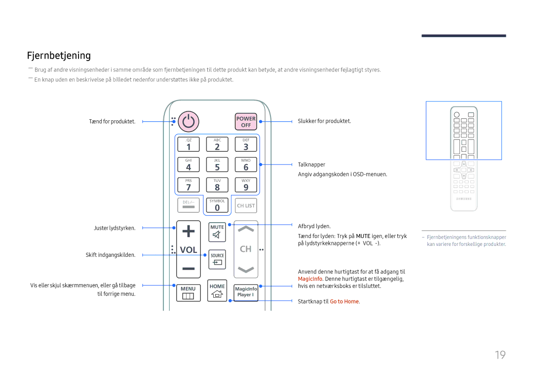 Samsung LH98QMFPBGC/EN, LH98QMFPLGC/EN, LH75QMFPLGC/EN manual Fjernbetjening, Vol 