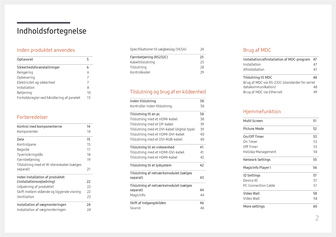 Samsung LH75QMFPLGC/EN, LH98QMFPLGC/EN, LH98QMFPBGC/EN manual Indholdsfortegnelse 