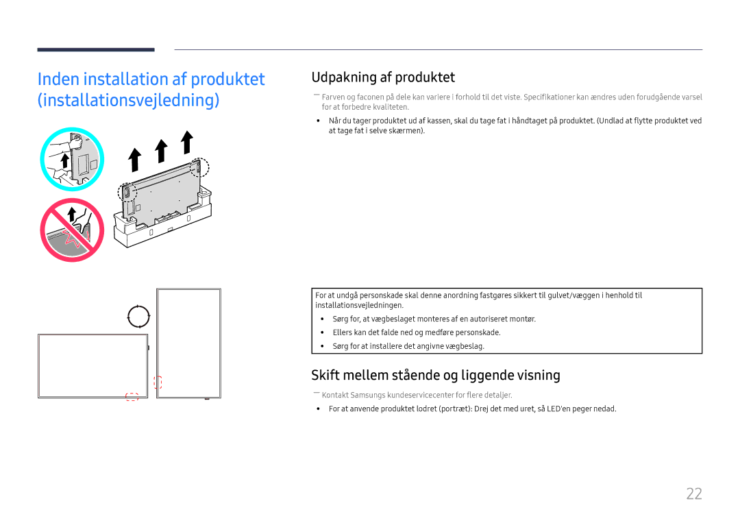 Samsung LH98QMFPBGC/EN, LH98QMFPLGC/EN, LH75QMFPLGC/EN Udpakning af produktet, Skift mellem stående og liggende visning 