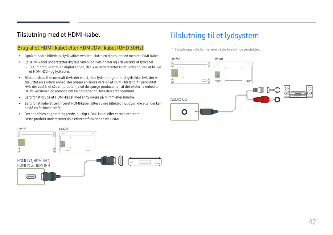 Samsung LH98QMFPLGC/EN, LH98QMFPBGC/EN Tilslutning til et lydsystem, Brug af et HDMI-kabel eller HDMI/DVI-kabel UHD 30Hz 