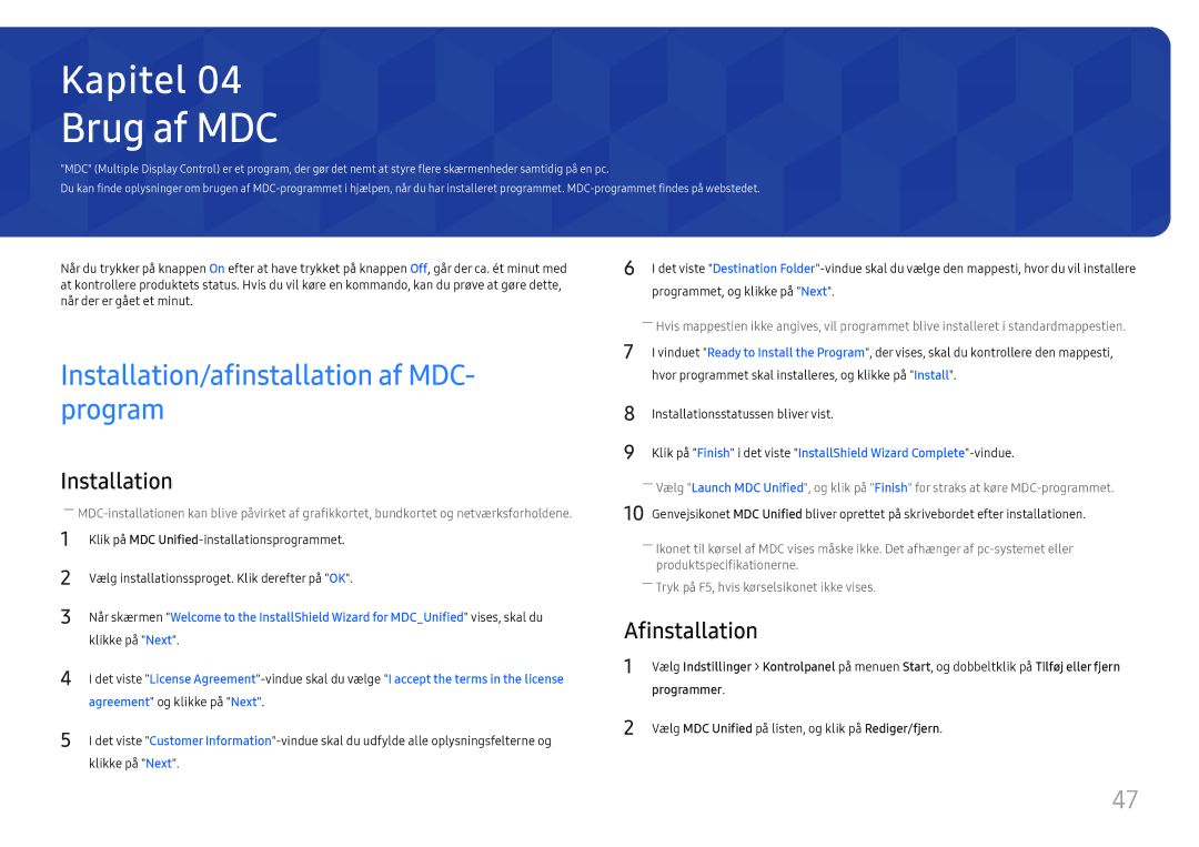 Samsung LH75QMFPLGC/EN manual Brug af MDC, Installation/afinstallation af MDC- program, Afinstallation, Programmer 