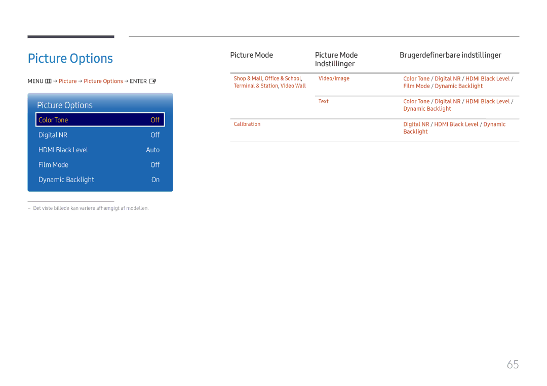 Samsung LH75QMFPLGC/EN, LH98QMFPLGC/EN Picture Options, Digital NR Off Hdmi Black Level, Film Mode Off Dynamic Backlight 