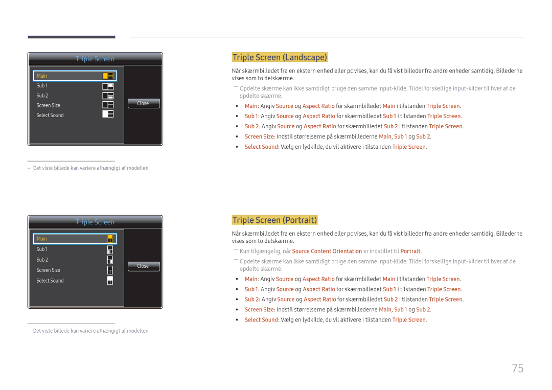 Samsung LH98QMFPLGC/EN, LH98QMFPBGC/EN, LH75QMFPLGC/EN manual Triple Screen Landscape, Triple Screen Portrait 