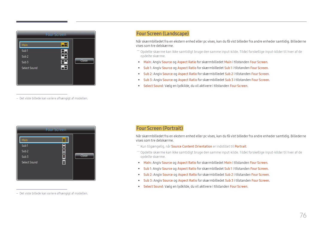 Samsung LH98QMFPBGC/EN, LH98QMFPLGC/EN, LH75QMFPLGC/EN manual Four Screen Landscape, Four Screen Portrait 