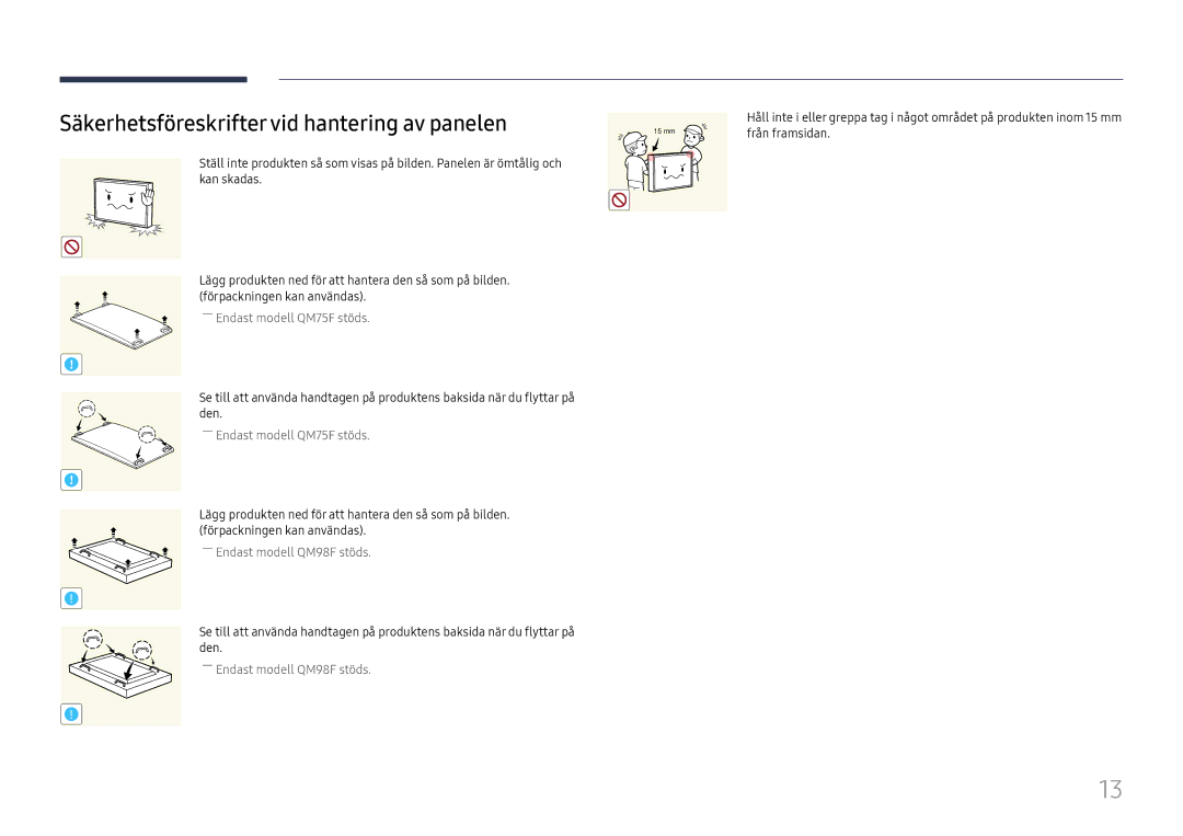 Samsung LH98QMFPBGC/EN, LH98QMFPLGC/EN, LH75QMFPLGC/EN manual Säkerhetsföreskrifter vid hantering av panelen 