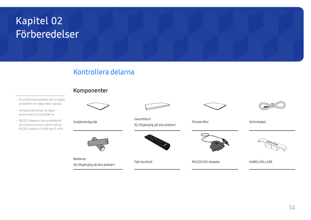 Samsung LH75QMFPLGC/EN, LH98QMFPLGC/EN, LH98QMFPBGC/EN manual Förberedelser, Kontrollera delarna, Komponenter 