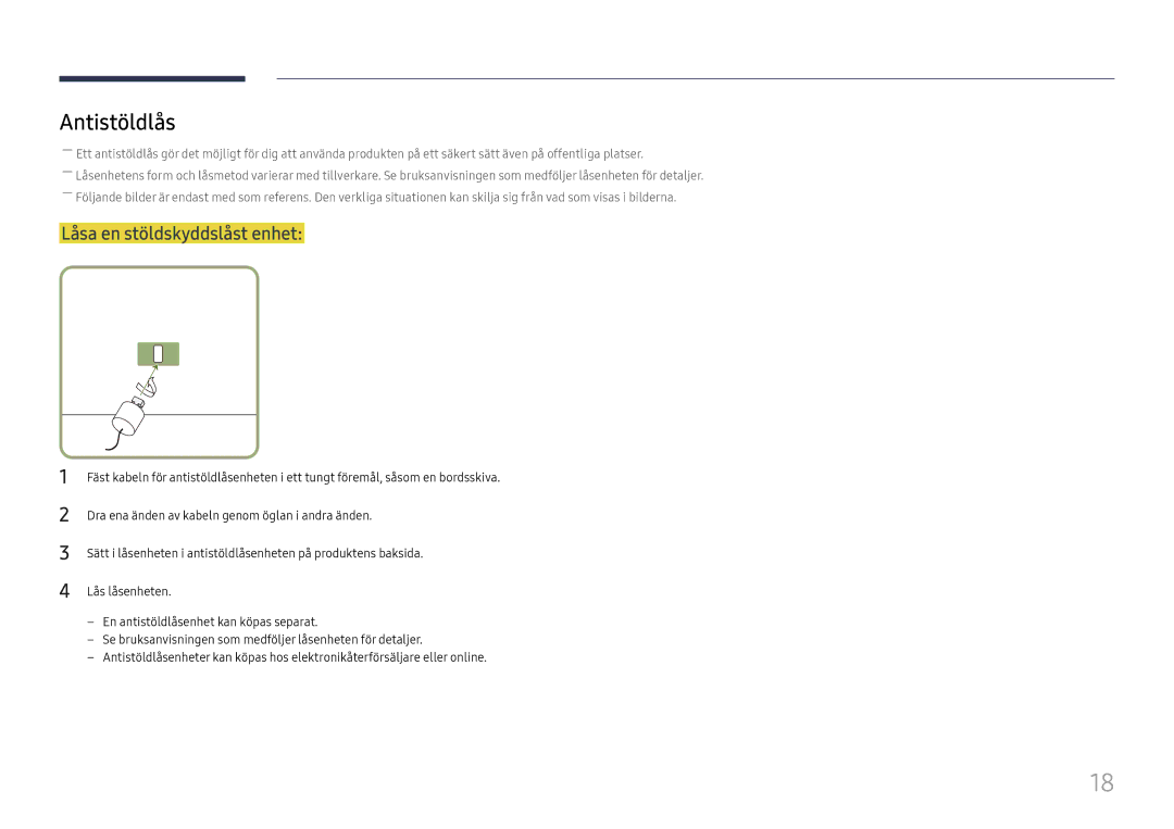 Samsung LH98QMFPLGC/EN, LH98QMFPBGC/EN, LH75QMFPLGC/EN manual Antistöldlås, Låsa en stöldskyddslåst enhet 