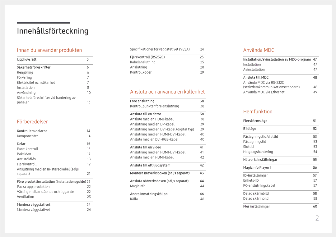 Samsung LH75QMFPLGC/EN, LH98QMFPLGC/EN, LH98QMFPBGC/EN manual Innehållsförteckning 