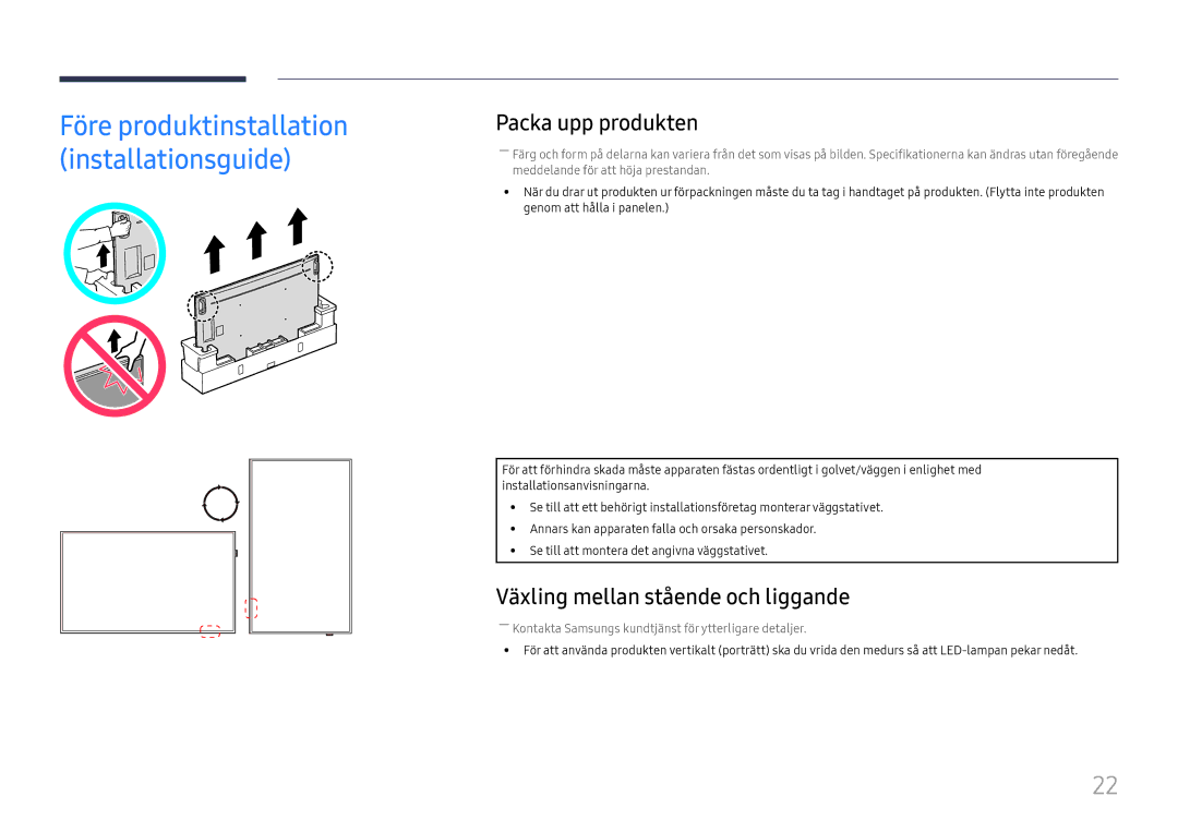 Samsung LH98QMFPBGC/EN, LH98QMFPLGC/EN, LH75QMFPLGC/EN manual Packa upp produkten, Växling mellan stående och liggande 