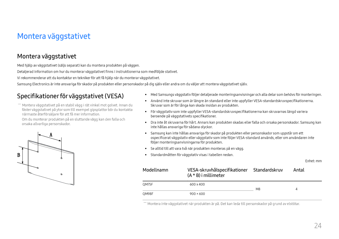 Samsung LH98QMFPLGC/EN, LH98QMFPBGC/EN, LH75QMFPLGC/EN manual Montera väggstativet, Specifikationer för väggstativet Vesa 