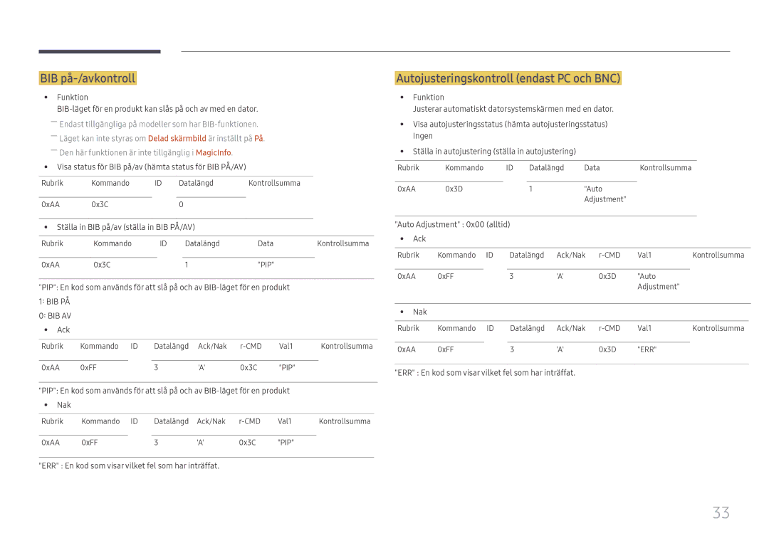 Samsung LH98QMFPLGC/EN, LH98QMFPBGC/EN, LH75QMFPLGC/EN manual BIB på-/avkontroll, Autojusteringskontroll endast PC och BNC 