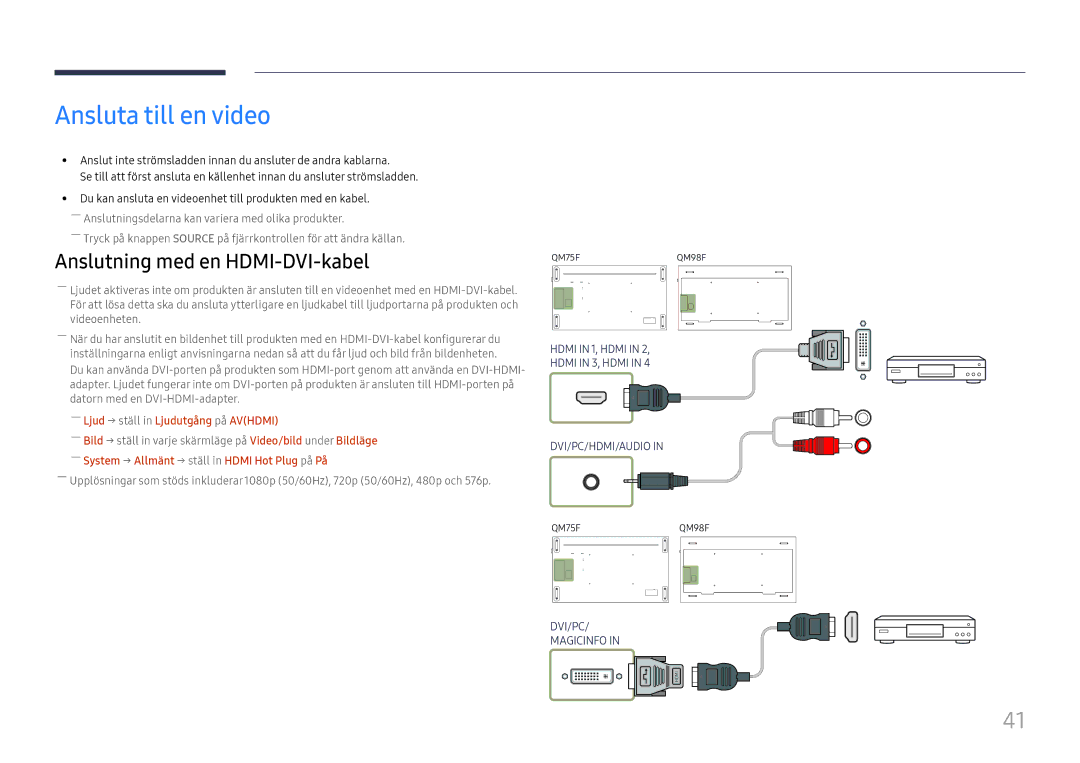 Samsung LH75QMFPLGC/EN, LH98QMFPLGC/EN, LH98QMFPBGC/EN manual Ansluta till en video, ――Ljud → ställ in Ljudutgång på Avhdmi 