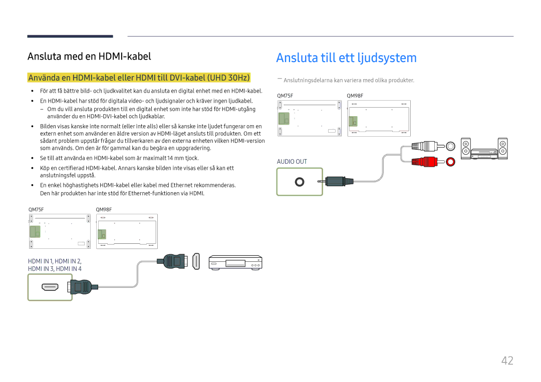 Samsung LH98QMFPLGC/EN manual Ansluta till ett ljudsystem, Använda en HDMI-kabel eller Hdmi till DVI-kabel UHD 30Hz 