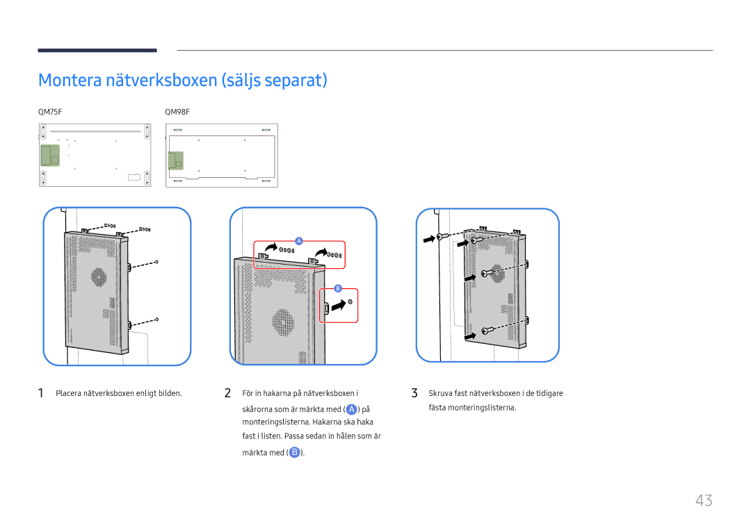 Samsung LH98QMFPBGC/EN, LH98QMFPLGC/EN, LH75QMFPLGC/EN manual Montera nätverksboxen säljs separat, QM75F 