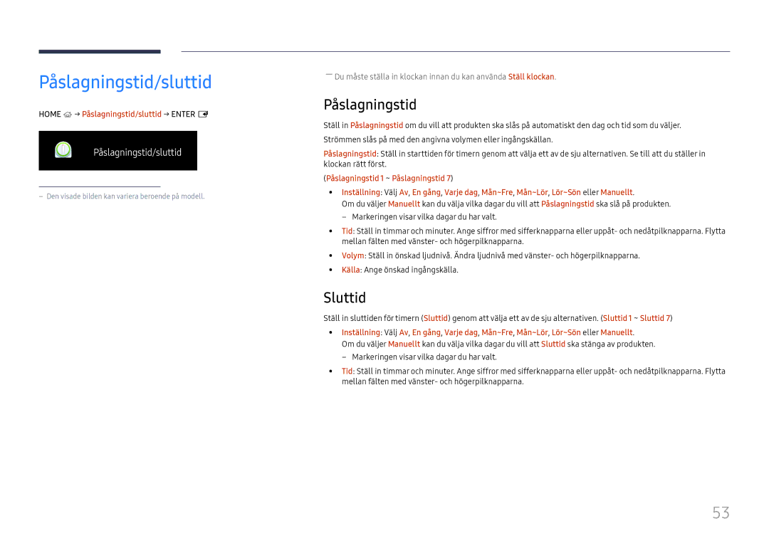 Samsung LH75QMFPLGC/EN, LH98QMFPLGC/EN, LH98QMFPBGC/EN manual Sluttid, Home → Påslagningstid/sluttid → Enter E 