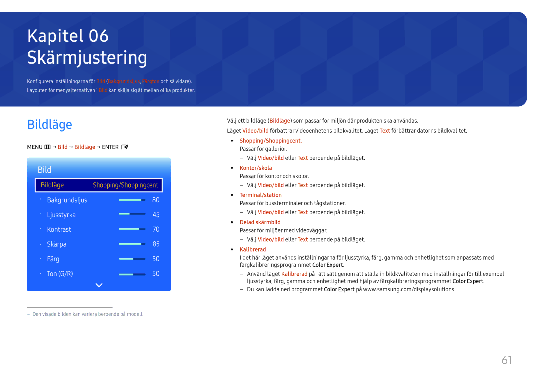 Samsung LH98QMFPBGC/EN, LH98QMFPLGC/EN manual Skärmjustering, Bild, Bakgrundsljus Ljusstyrka Kontrast Skärpa Färg Ton G/R 