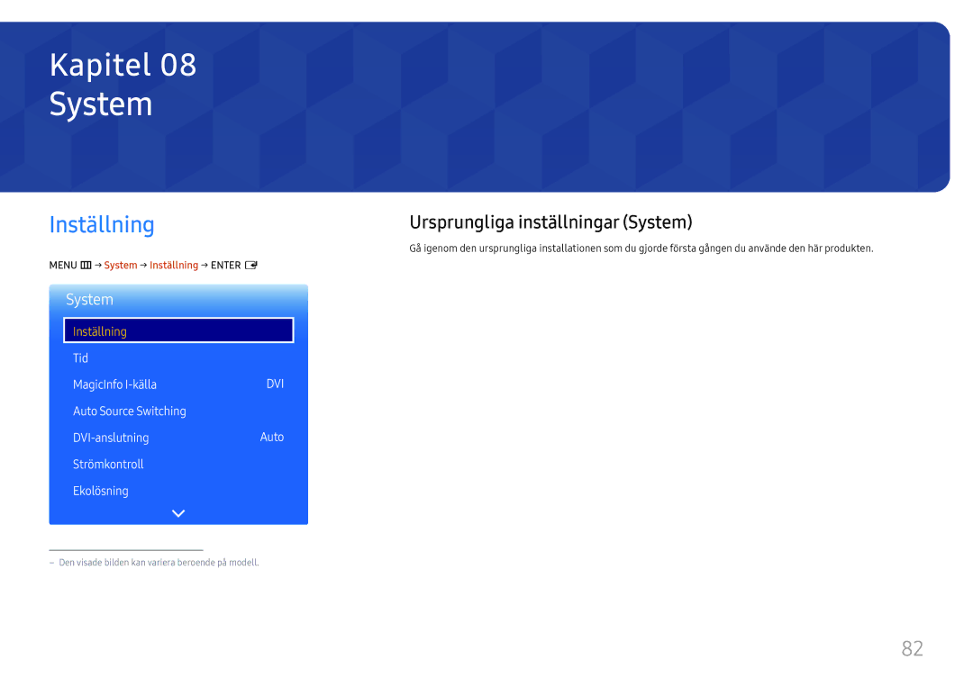 Samsung LH98QMFPBGC/EN, LH98QMFPLGC/EN, LH75QMFPLGC/EN manual Inställning, Ursprungliga inställningar System 