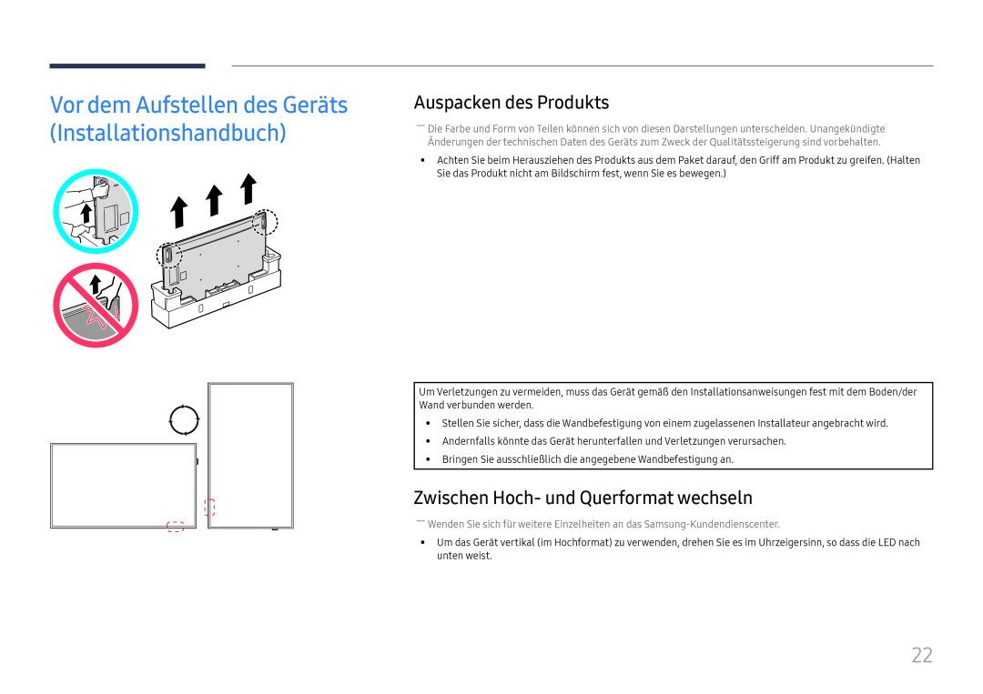 Samsung LH98QMFPBGC/EN, LH98QMFPLGC/EN manual Vor dem Aufstellen des Geräts Installationshandbuch, Auspacken des Produkts 