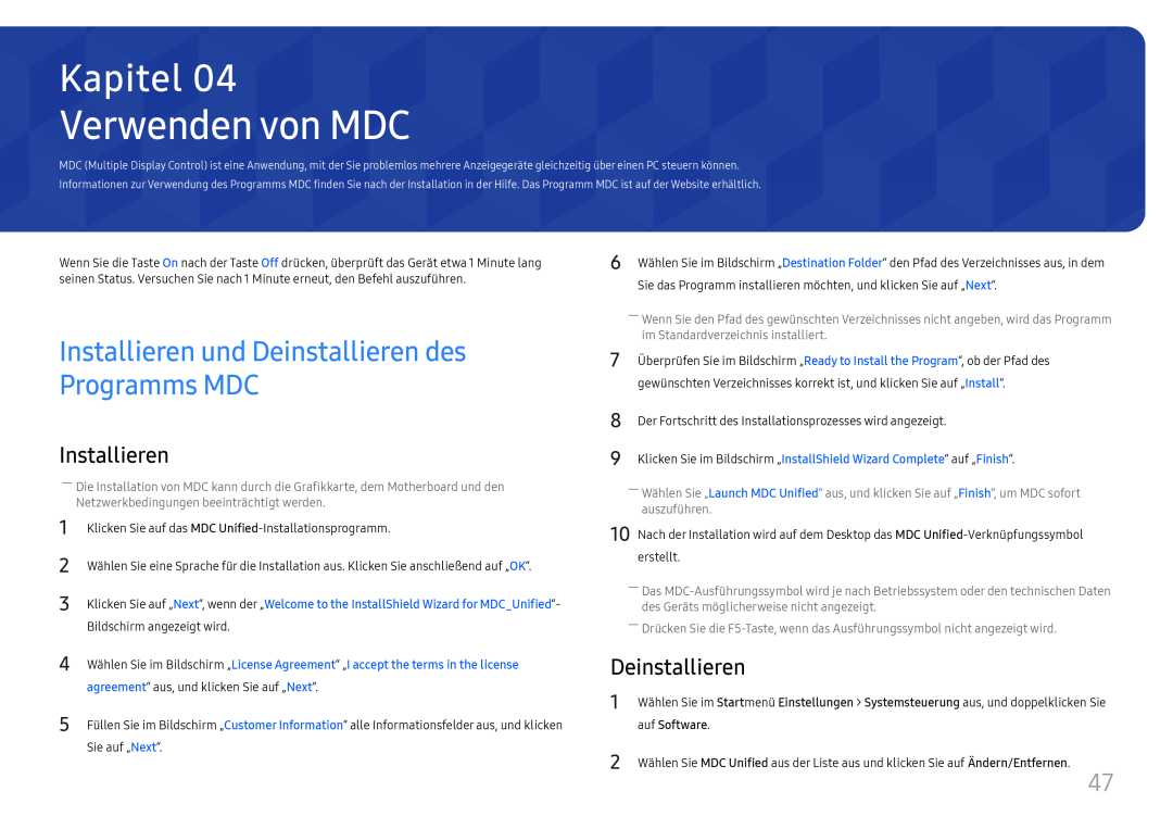 Samsung LH75QMFPLGC/EN manual Verwenden von MDC, Installieren und Deinstallieren des Programms MDC, auf Software, Kapitel 