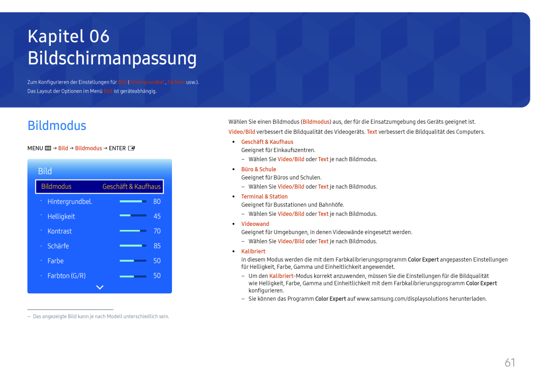 Samsung LH98QMFPBGC/EN Bildschirmanpassung, Bildmodus, Hintergrundbel, Helligkeit, Kontrast, Schärfe, Farbe, Farbton G/R 