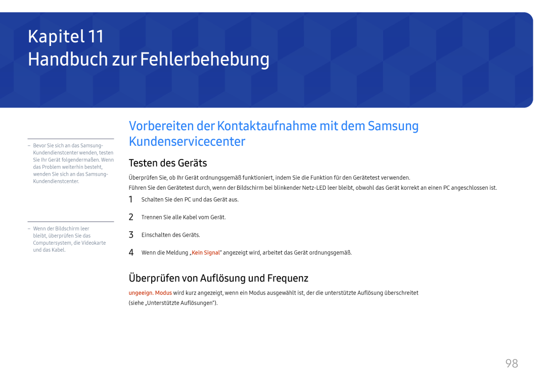 Samsung LH75QMFPLGC/EN Handbuch zur Fehlerbehebung, Vorbereiten der Kontaktaufnahme mit dem Samsung Kundenservicecenter 