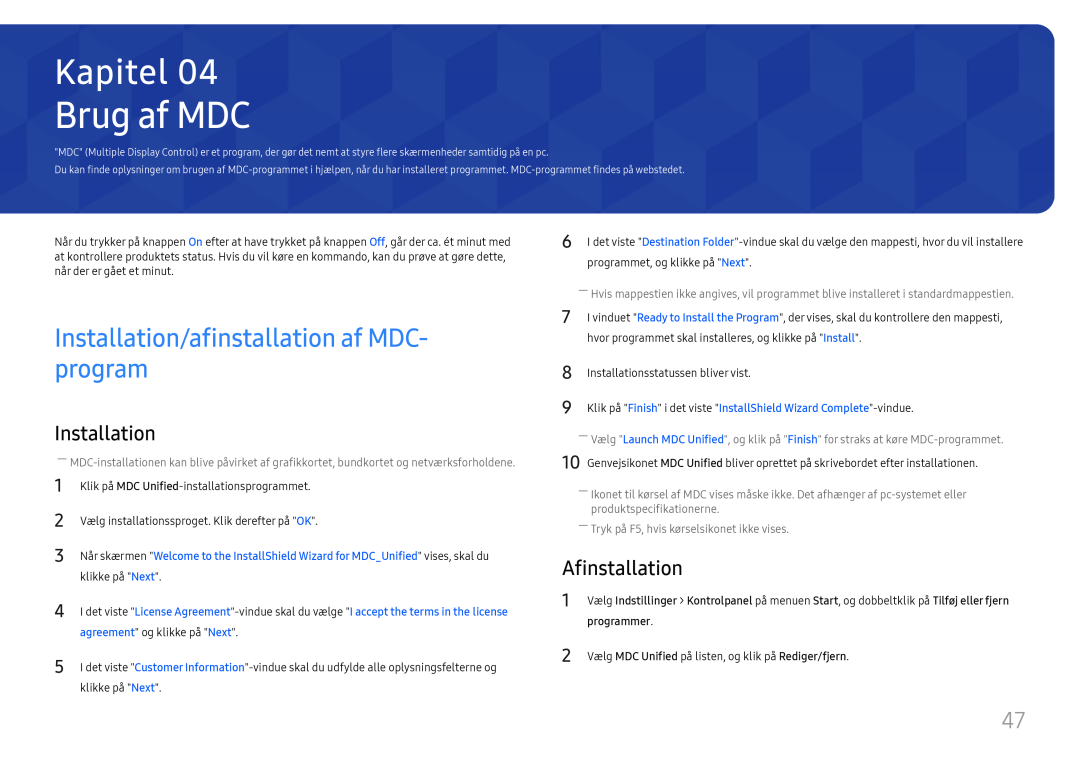 Samsung LH75QMFPLGC/EN manual Brug af MDC, Installation/afinstallation af MDC- program, Afinstallation, programmer, Kapitel 