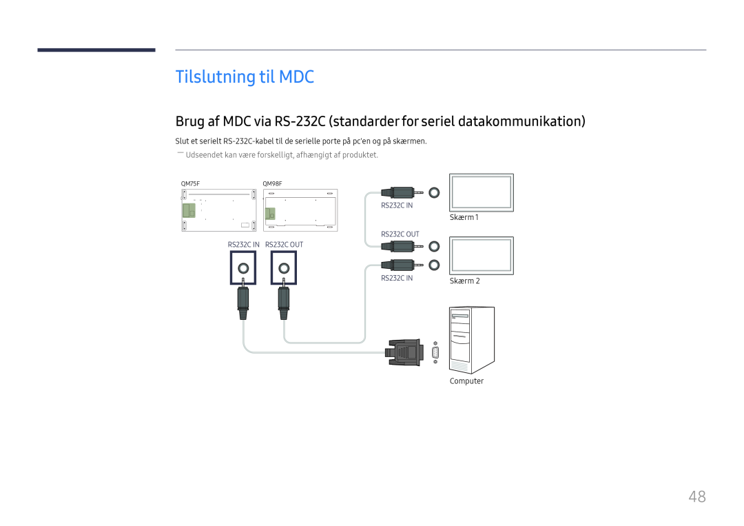 Samsung LH98QMFPLGC/EN Tilslutning til MDC, Brug af MDC via RS-232C standarder for seriel datakommunikation, RS232C IN 