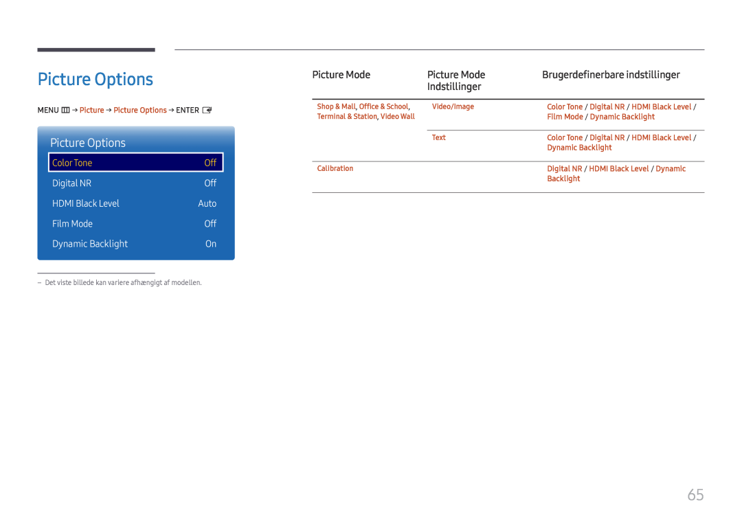 Samsung LH75QMFPLGC/EN manual Picture Options, Color Tone, Digital NR, HDMI Black Level, Film Mode, Dynamic Backlight, Auto 