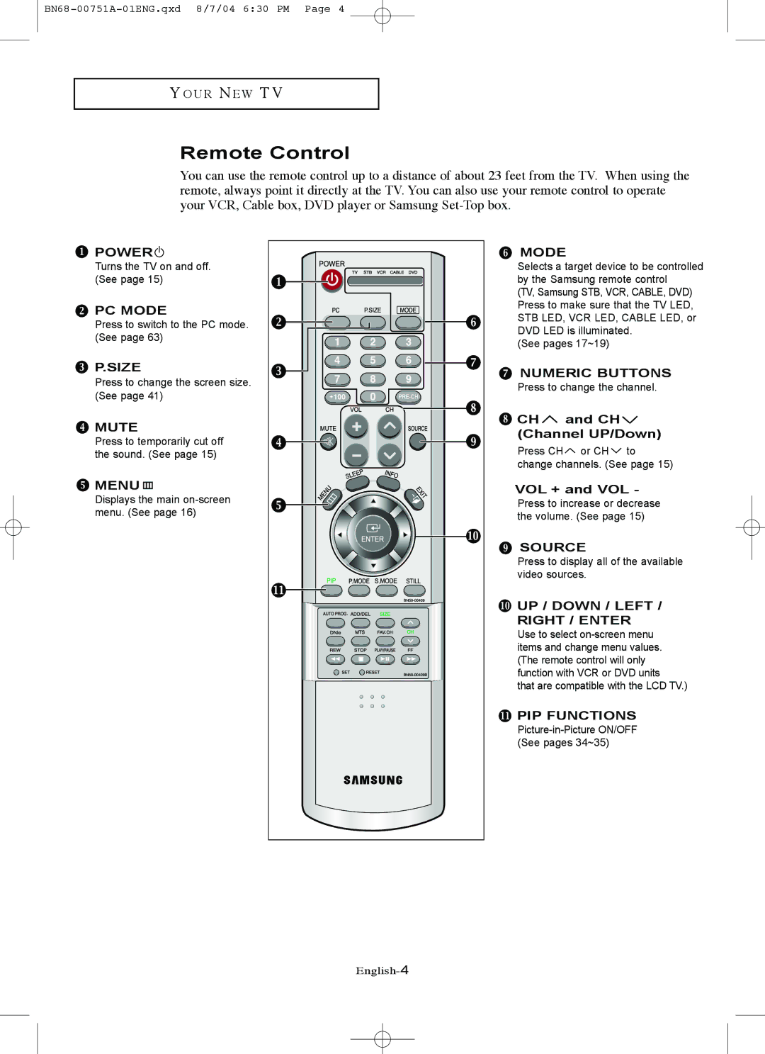 Samsung LN-P327W, LN-P267W manual Remote Control, Menu, CH and CH Channel UP/Down, VOL + and VOL, UP / Down / Left 