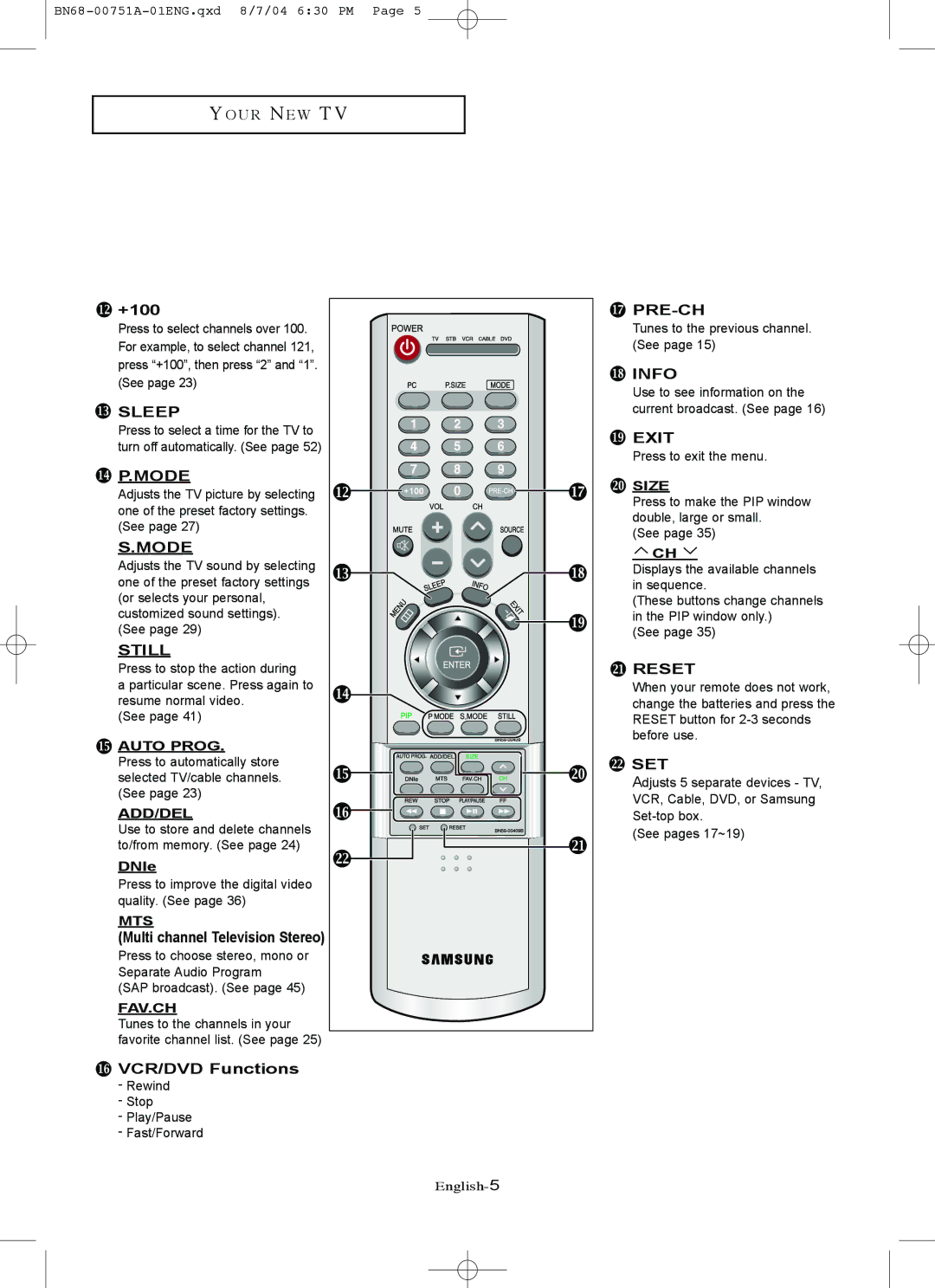 Samsung LN-P267W, LN-P327W manual +100, Multi channel Television Stereo, VCR/DVD Functions 