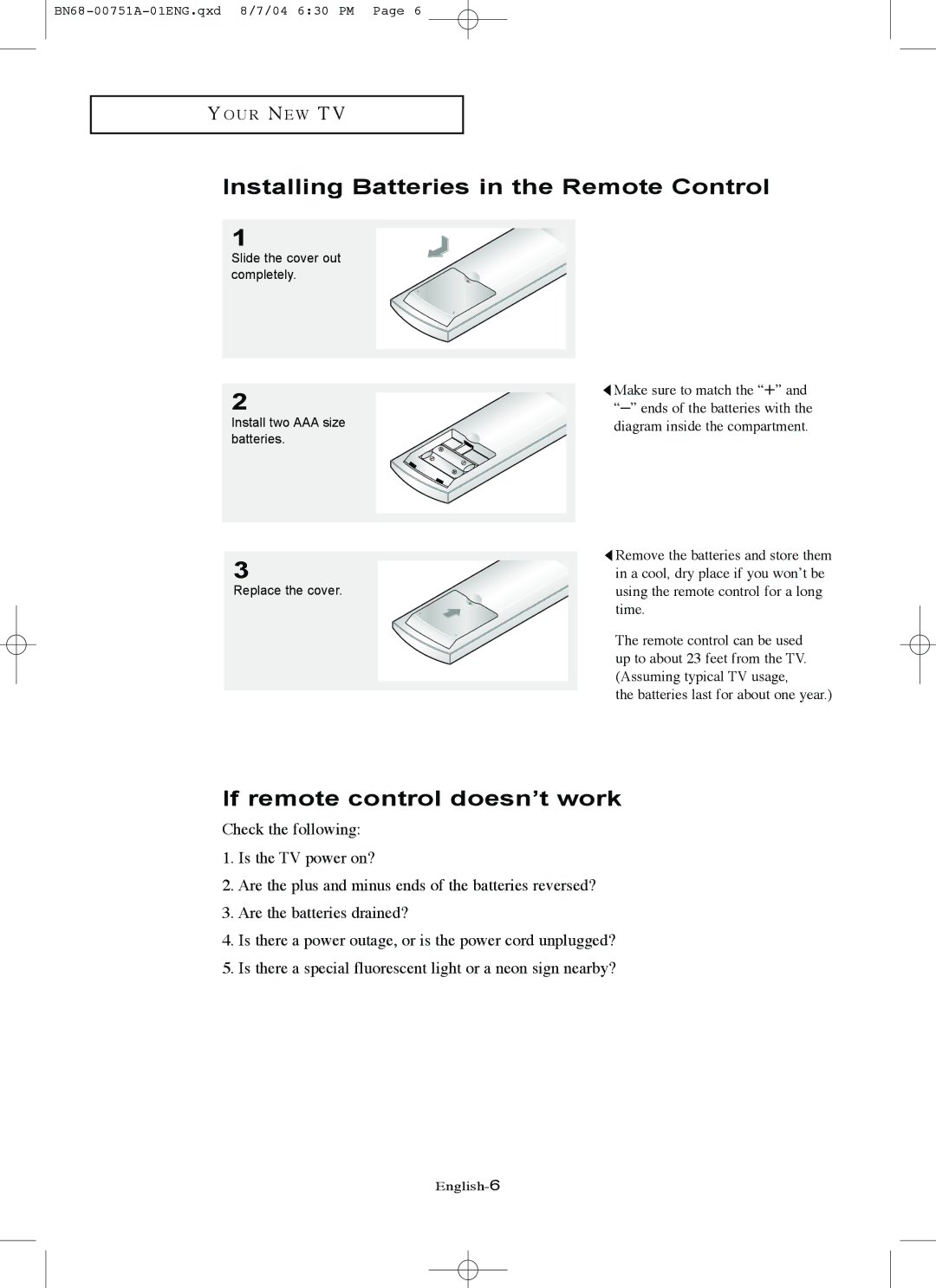 Samsung LN-P327W, LN-P267W manual Installing Batteries in the Remote Control, If remote control doesn’t work 